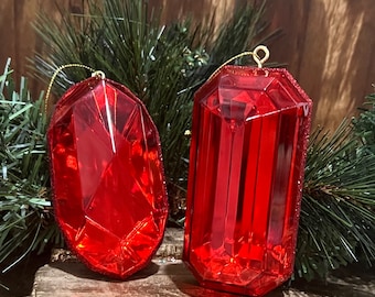 Set of 2 Red Regency Emerald Cut Gem Ornaments, 5 Inch Wreath Attachment, Valentine's Christmas Decor