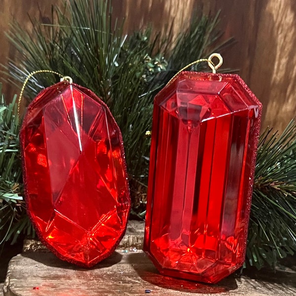 Set of 2,  Red Emerald Cut Ornaments, 5 Inch, Oblong and Rectangle Shape, Gem Ornaments, Jewel, Wreath Attachment, Tree decor