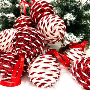 Red and White Striped Peppermint Candy Glitter Christmas Ornaments, 12 Pieces