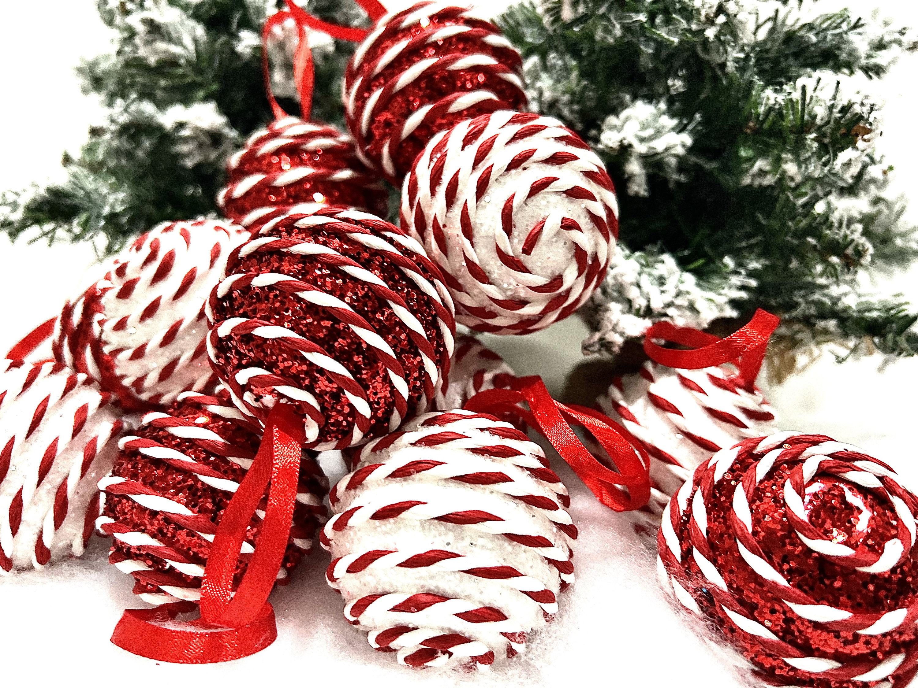 Red and White Striped Peppermint Candy Glitter Christmas Ornaments, 12 Pieces