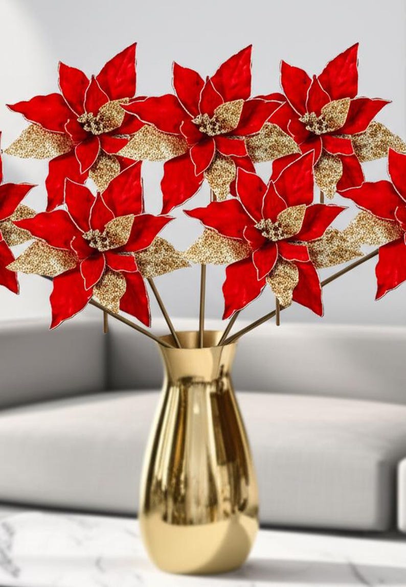 24" Regal Red and Gold Velvet With Glitter Poinsettia Stem Christmas ...