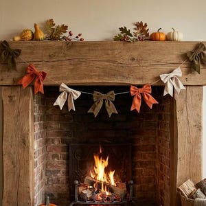 Fall Velvet Bow Garland 6 Feet - Orange Brown Cream Autumn Mantel Decor