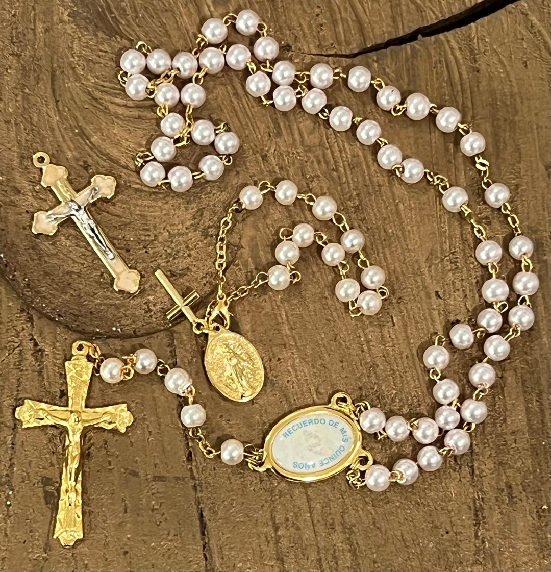 Girl's Quinceanera, Sweet 15 Rosary Prayer Beads Gold and Pearl