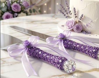 Purple Sequin & Lavender Rose Wedding Cake Knife and Server Set