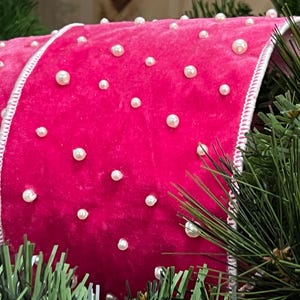 5 Yards, 4 Inch, Hot Pink Fuschia Velvet with Pearls Wired Accent Ribbon, Designer Wired Christmas Everyday Ribbon, Nancy Brown
