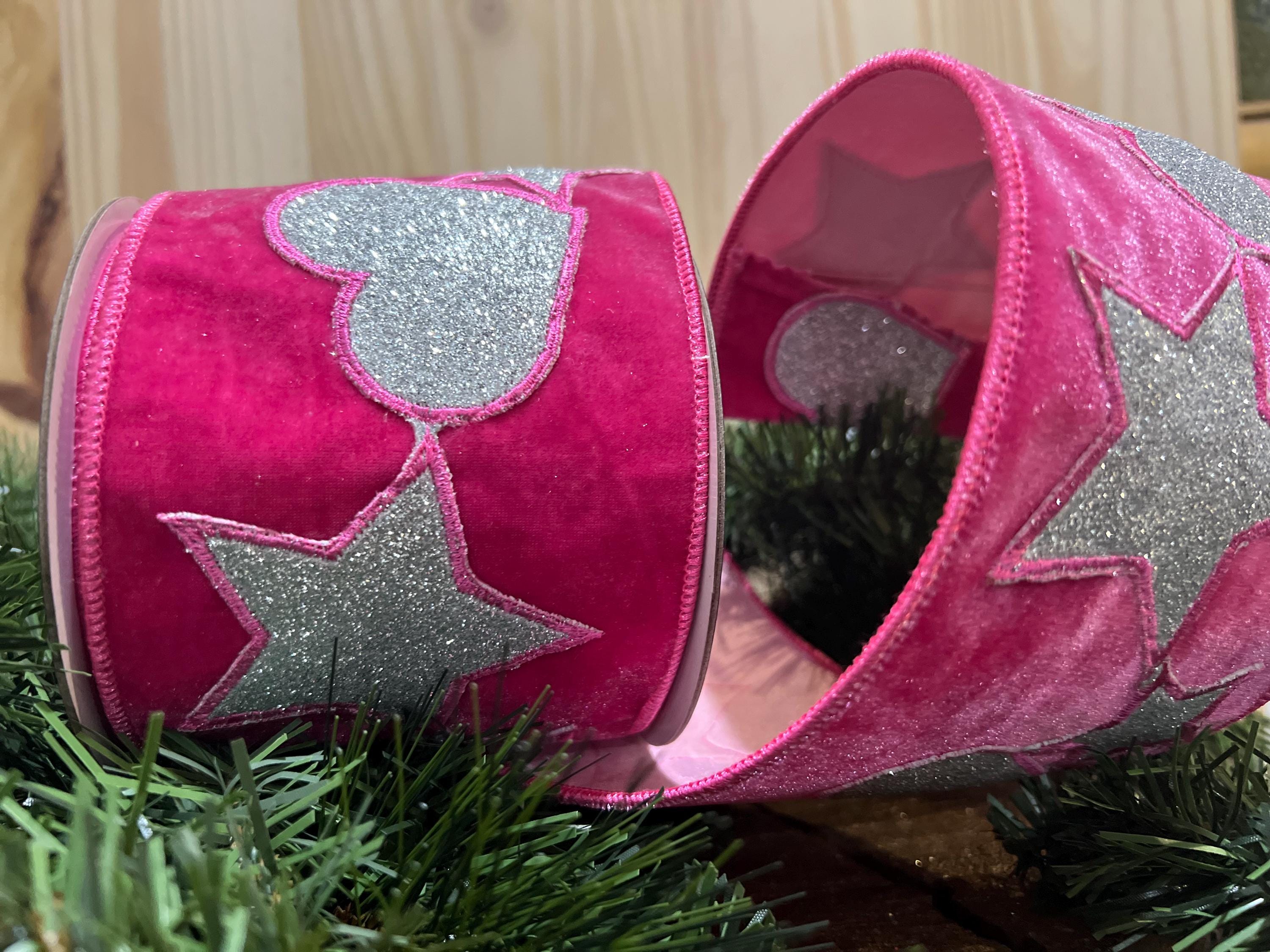 Hot Pink Velvet Christmas Ribbon, Silver Glitter Hearts and Stars 