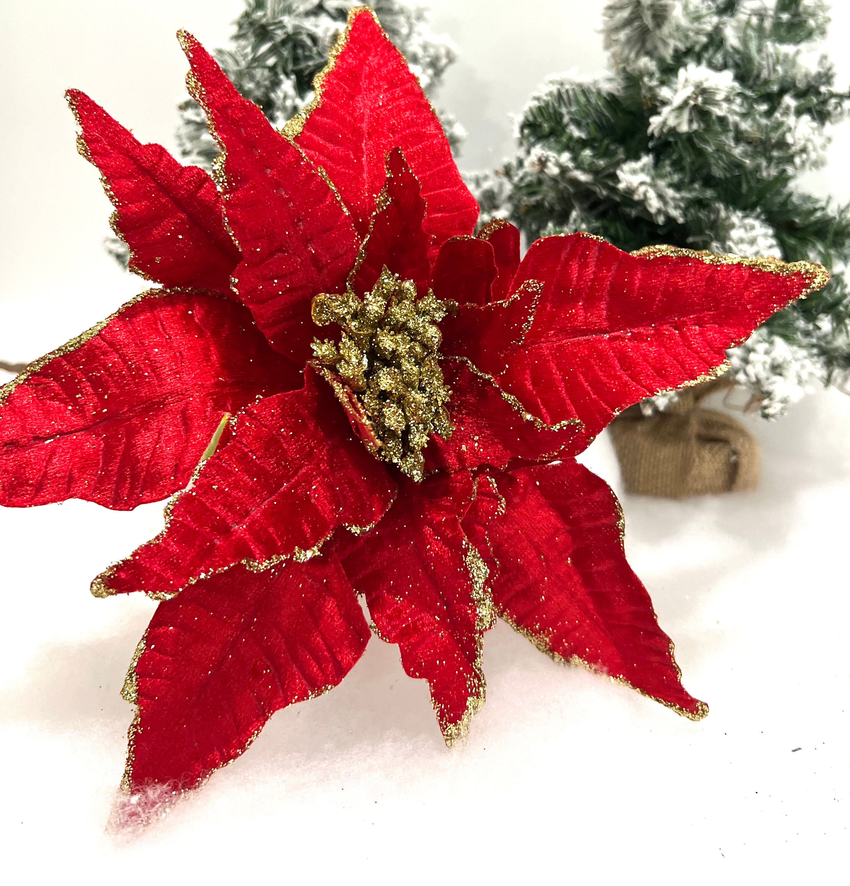 Gold, White and Gold, Red or Gold Glitter Velvet Poinsettia  display picture 2