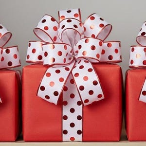 Ruban de luxe en velours blanc à pois - Bordure pailletée rouge - Ruban design avec bordure métallique de 10 mètres pour décoration de Noël, emballage cadeau et fêtes image 1