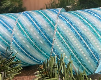 10 yd 2.5" inch Blue Metallic Tree Wired Edge Ribbon Christmas Ribbon