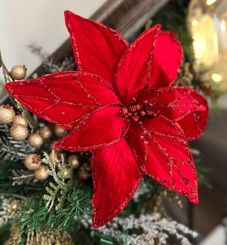 24" Glitter Veined Velvet Poinsettia Stem Pick Christmas Tree Trimming ...