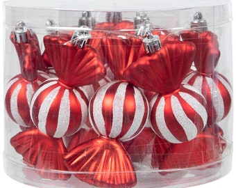 Red and White Striped Peppermint Candy Glitter Christmas Ornaments, 12 Pieces