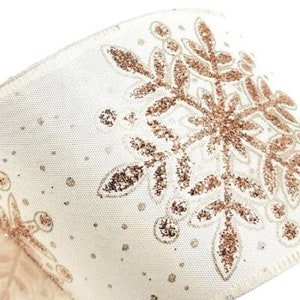 2.5" Wired Ivory with Rose Gold Snowflakes Christmas Holiday Ribbon - 30 Feet