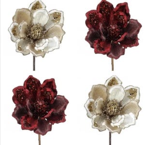 Ivory and Gold Jeweled And Burgundy Magnolia Stem, Christmas Decor, Tree Decoration, Wreath Attachment