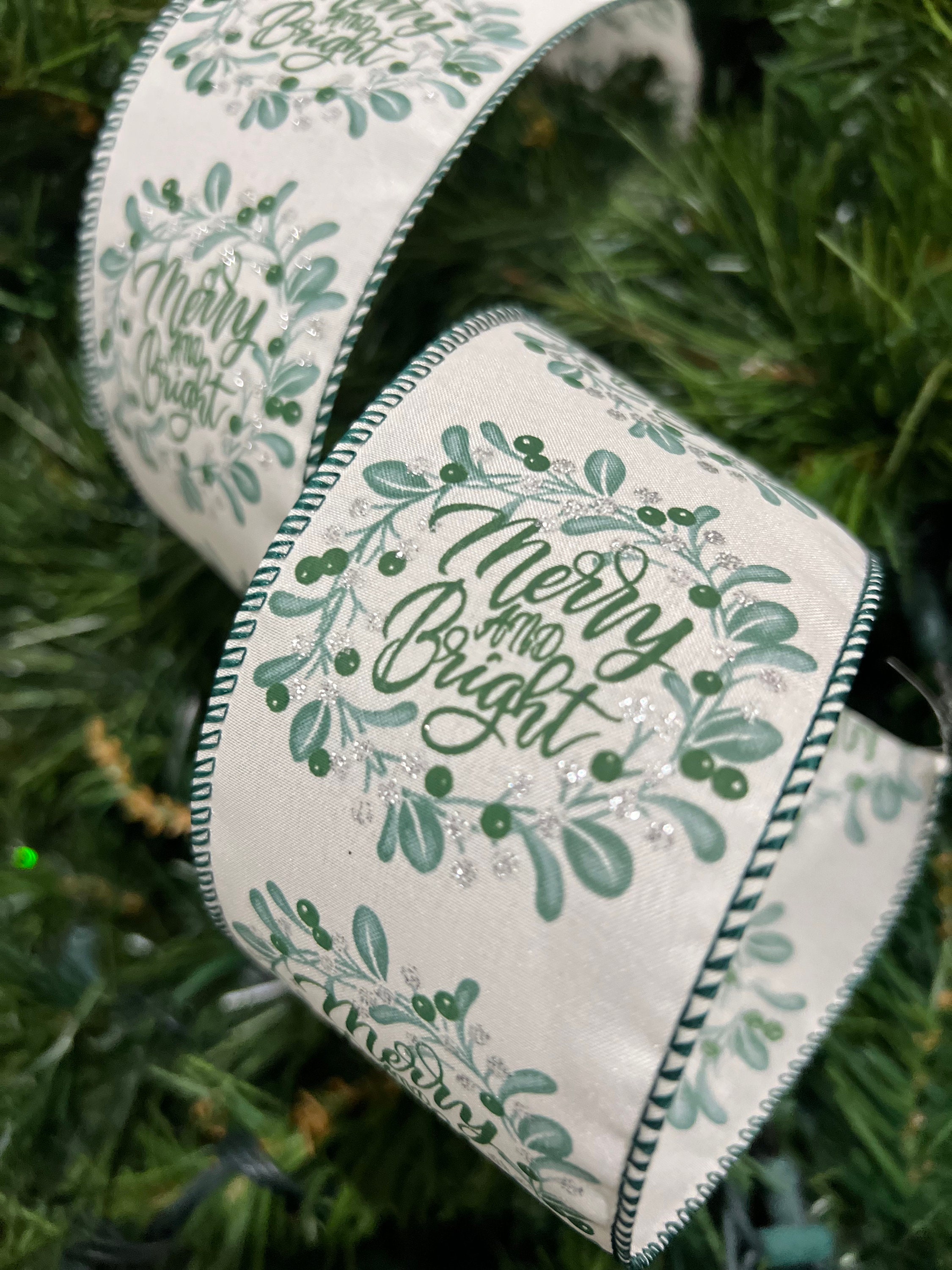 Green & Gold Merry Christmas Scripted Wired Craft Ribbon 3 x 20 yards