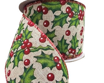 Red And Green Holly Wired Edge Burlap Ribbon - 2 1/2" Home Craft DIY Projects Supplies 10 Yards