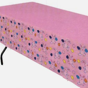May include: Pink plastic tablecloth with a border of white bunnies and colorful eggs.