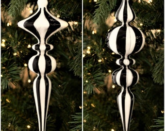 Glass Stunning Black & White Striped Finial Ornament