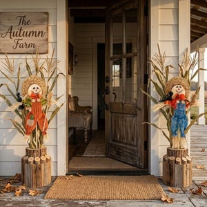 May include: Two scarecrow figures with straw hats and overalls, one orange and one blue, stand in cylindrical wooden planters filled with dried corn stalks. A wooden sign on the white wall reads The Autumn Farm above the doorway.