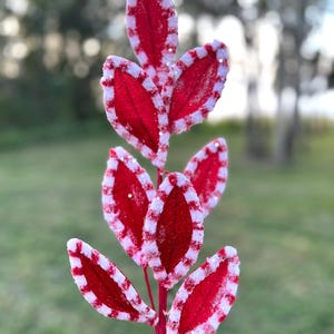 Könnte beinhalten: Rote und weiße künstliche Blätter mit Zuckerstangenstreifen auf einem Stiel. Die Blätter sind aus Filz und haben eine glitzernde Oberfläche.