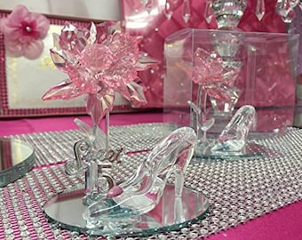10 Mis Quince Anos Quinceanera Sweet 15 Acrylic Pink Rosado Flower with High Heel Shoe Favor Gift