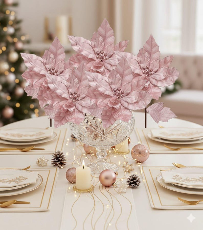 24" Blush Pink Velvet With Glitter Poinsettia Stem Christmas Holiday ...