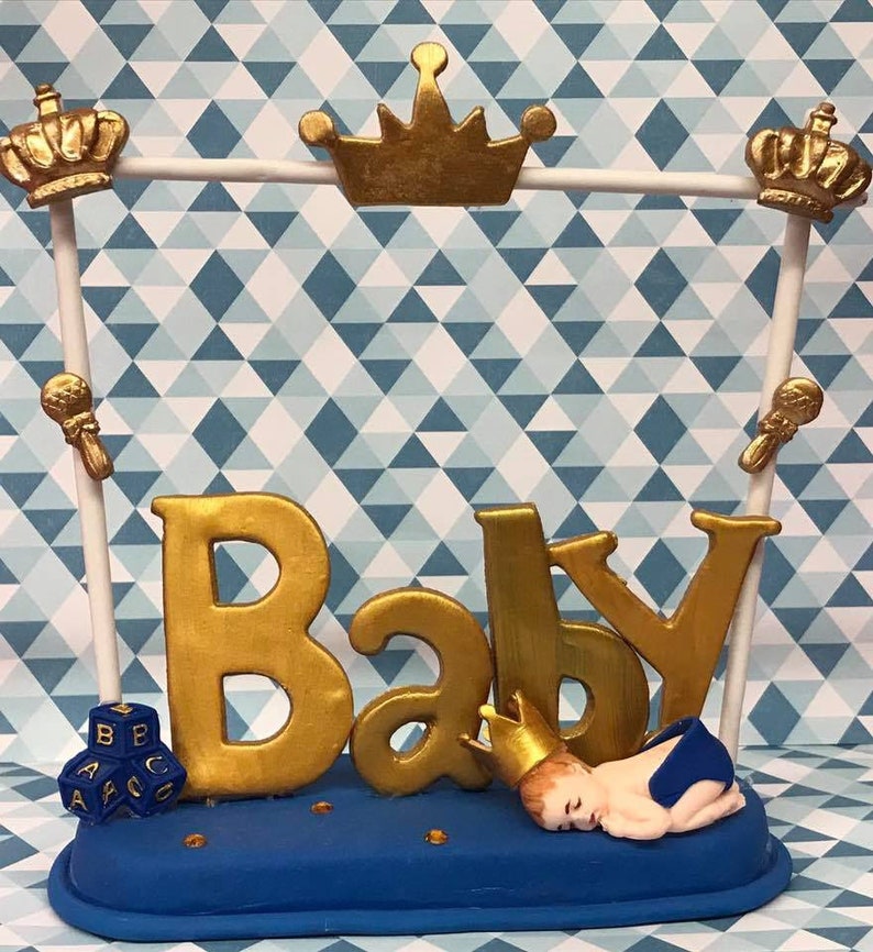 Blue and Gold Baby Shower Sleeping Prince Cake Topper Centerpiece Keepsake