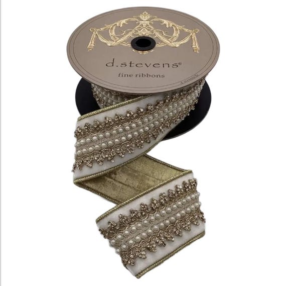 D. Stevens 2.5" x 5yds Velvet Jewel Countess Trim Pearl Center, Winter White Christmas & Everyday Ribbon for Holiday Trees