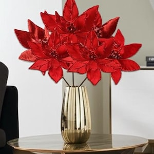 24&quot; Glitter Veined Velvet Poinsettia Stem Pick Christmas Tree Trimming Home Decoration Keepsake Wreath Decorations