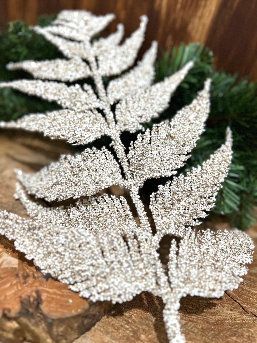 Gold Beaded Textured Christmas Glitter Leaf Floral Stem Christmas Trees