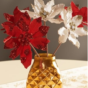 20&quot; X 10&quot; Heavy Jeweled Poinsettia Stem Ivory Gold or Red Christmas Flower Choose Color