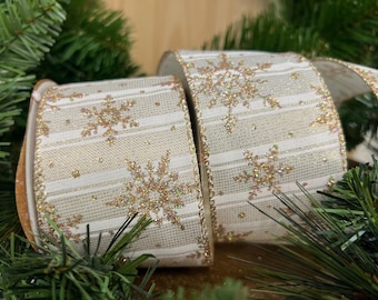 Glitter Gold Snowflakes Wired Edge Single-Face Satin Ribbon - 2 1/2" Christmas DIY