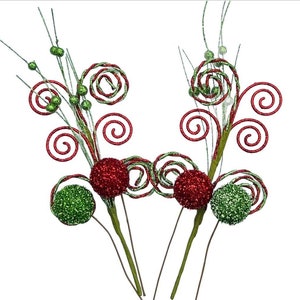 Twisted Twirl Rot und Grün Glitter Picks Tinsel Ball Floral Stems, 6er-Set