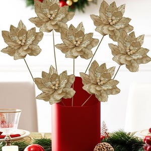 24&quot; Micro Beaded Sequins Gold Poinsettia Stem Christmas Flower Decoration