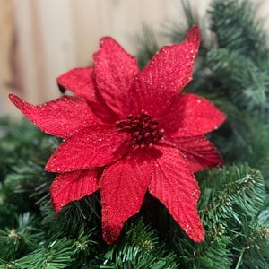 Red Glitter Poinsettia Pick Stem Christmas Tree Trimming Home Decoration Keepsake Wreath Decorations