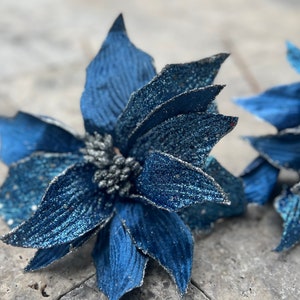 24 Inch Stem Blue Velvet Glitter Edge Christmas Poinsettia Holiday Trimming Home Decoration Christmas Tree And Centerpiece Decoration