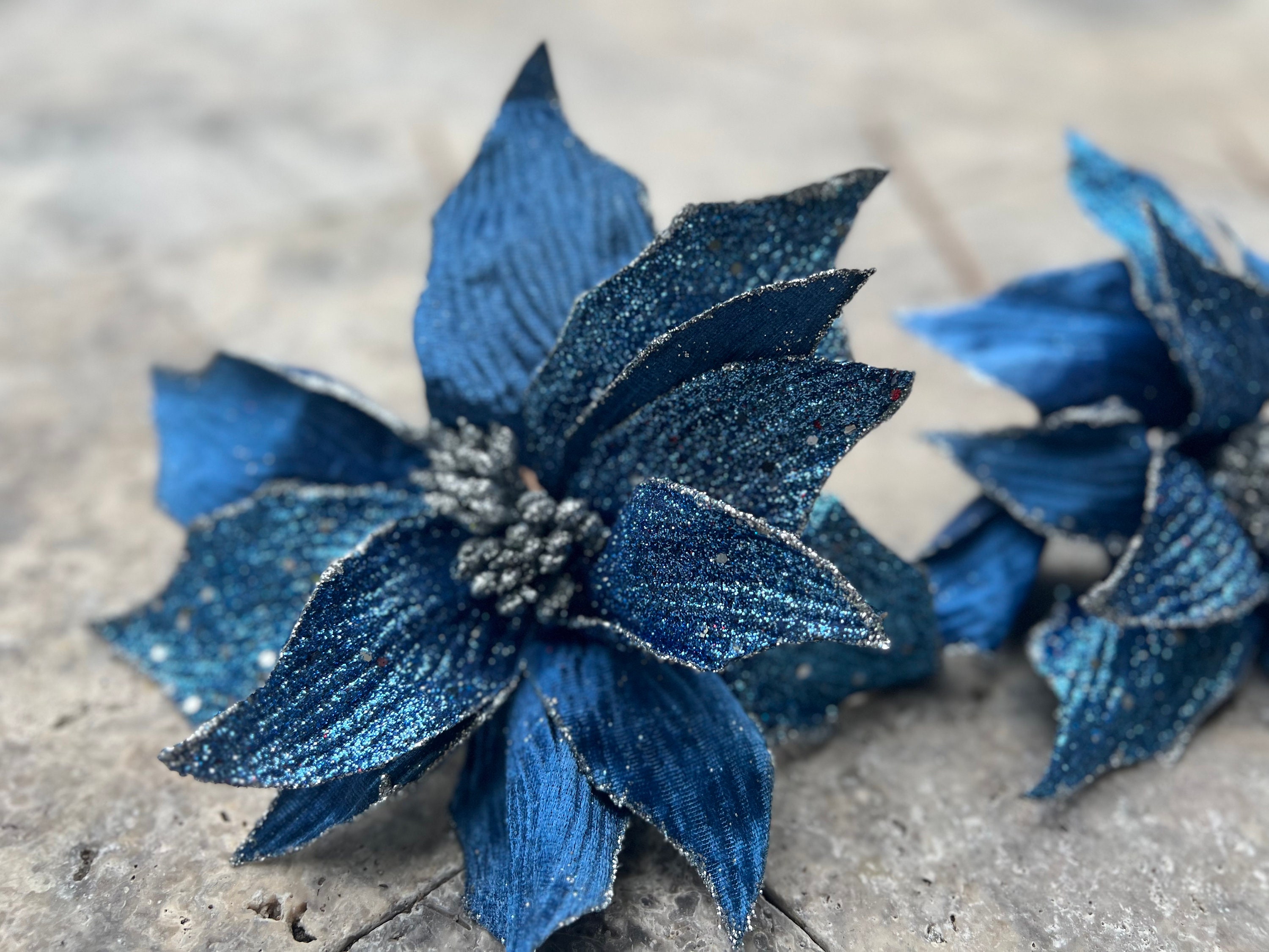 24 Inch Stem Blue Velvet Glitter Edge Christmas Poinsettia Holiday Trimming Home Decoration Christmas Tree And Centerpiece Decoration