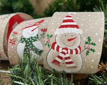 10 yd 2.5" inch Glitter Snowman Wired Edge Burlap Ribbon - 2 1/2" Snowman Christmas Ribbon