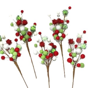 20 Pom Pom Beere Rot und Grün Picks Kranz Aufsätze Vasendekoration Weihnachtsdekoration