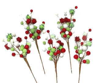 5 Pom Pom Berry Red and Green Picks Wreath Attachments Vase Decorations Christmas Decoration