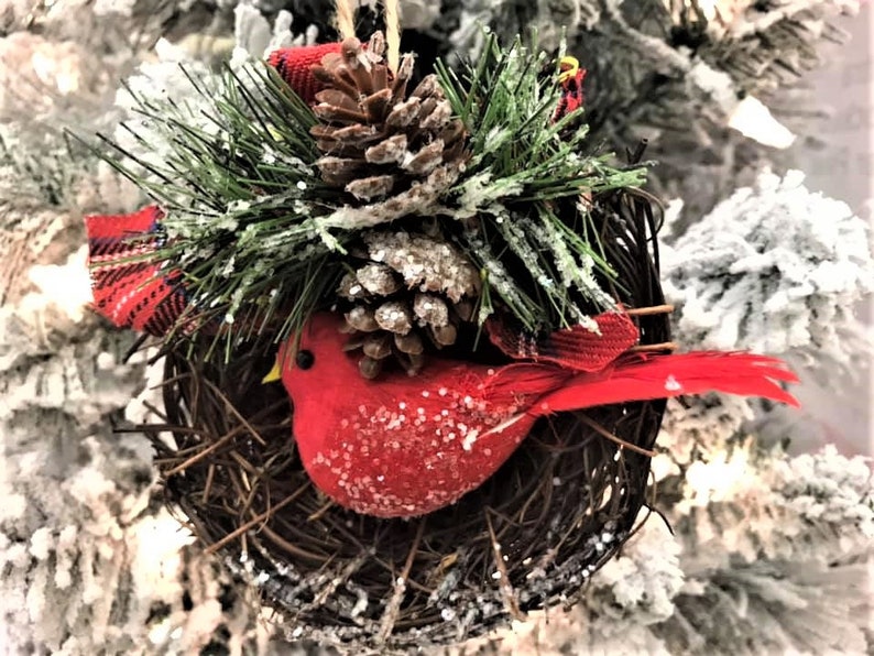 Red Cardinal Bird Nest Ornaments Set of 3 Etsy