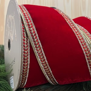 10 Yards, 4 Zoll, roter Samt mit Crystal Juwel Rand Trim Wired Band, Designer Wired Ribbon, D Stevens