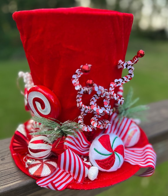 Red Candy Cane Candyland Peppermint Top Hat Tree Topper Christmas Tree Topper Etsy