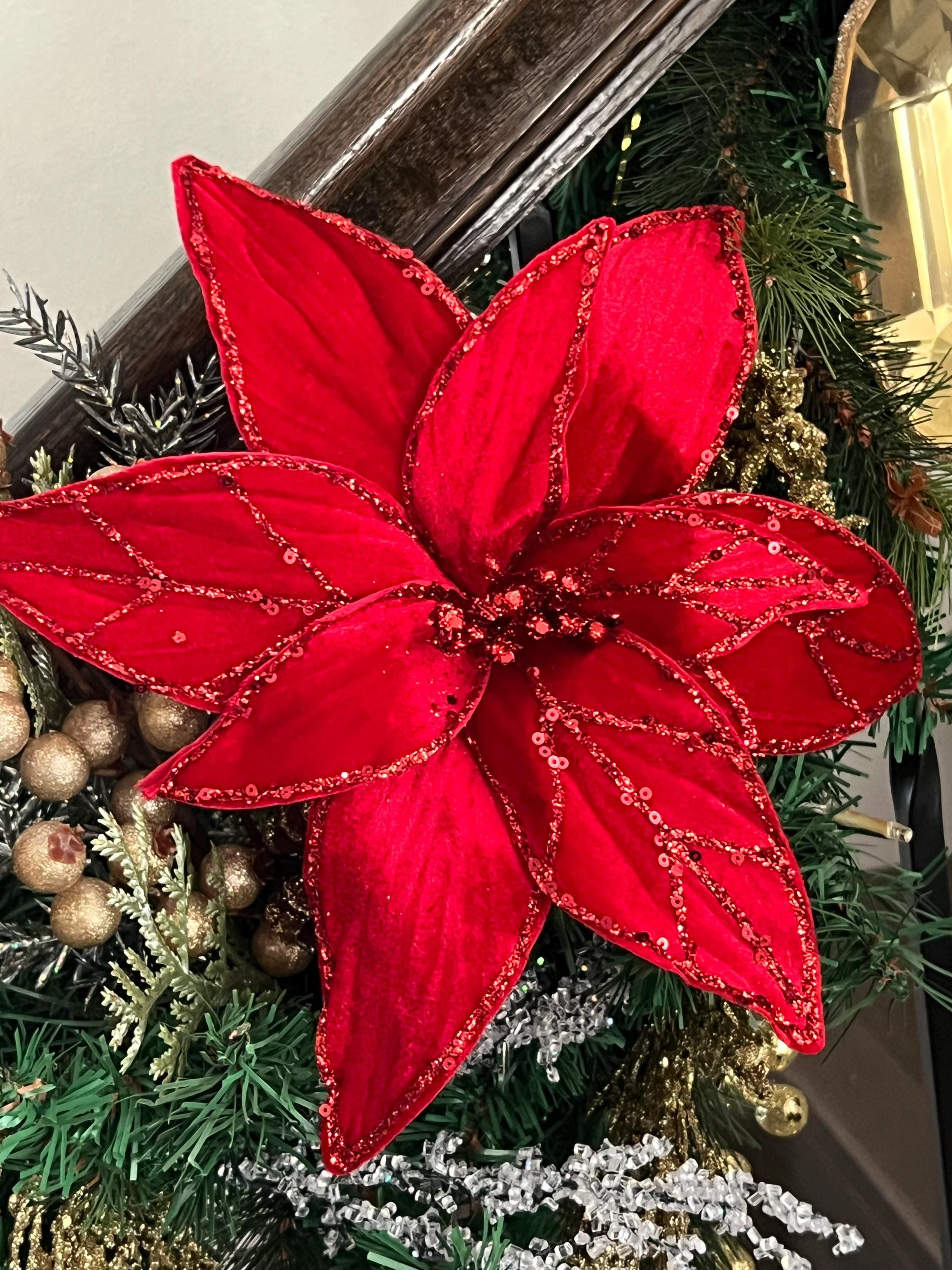 24 Fiori Decorativi Glitterati Per Natale - Per Albero, Tavola E Decorazioni Festive