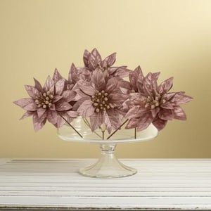 Pink And Gold Trim Glitter Poinsettia Pick Christmas Decoration Wreaths Trees Centerpieces