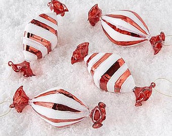 Glass 4 piece Large Stunning Hand painted Glass Red Candy Ornaments with White Glitter Peppermint