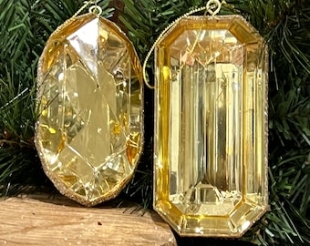 Set of 2, Gold - Emerald Cut Ornaments, 5 Inch, Oblong and Rectangle Shape, Gem Ornaments, Jewel, Wreath Attachment, Tree decor