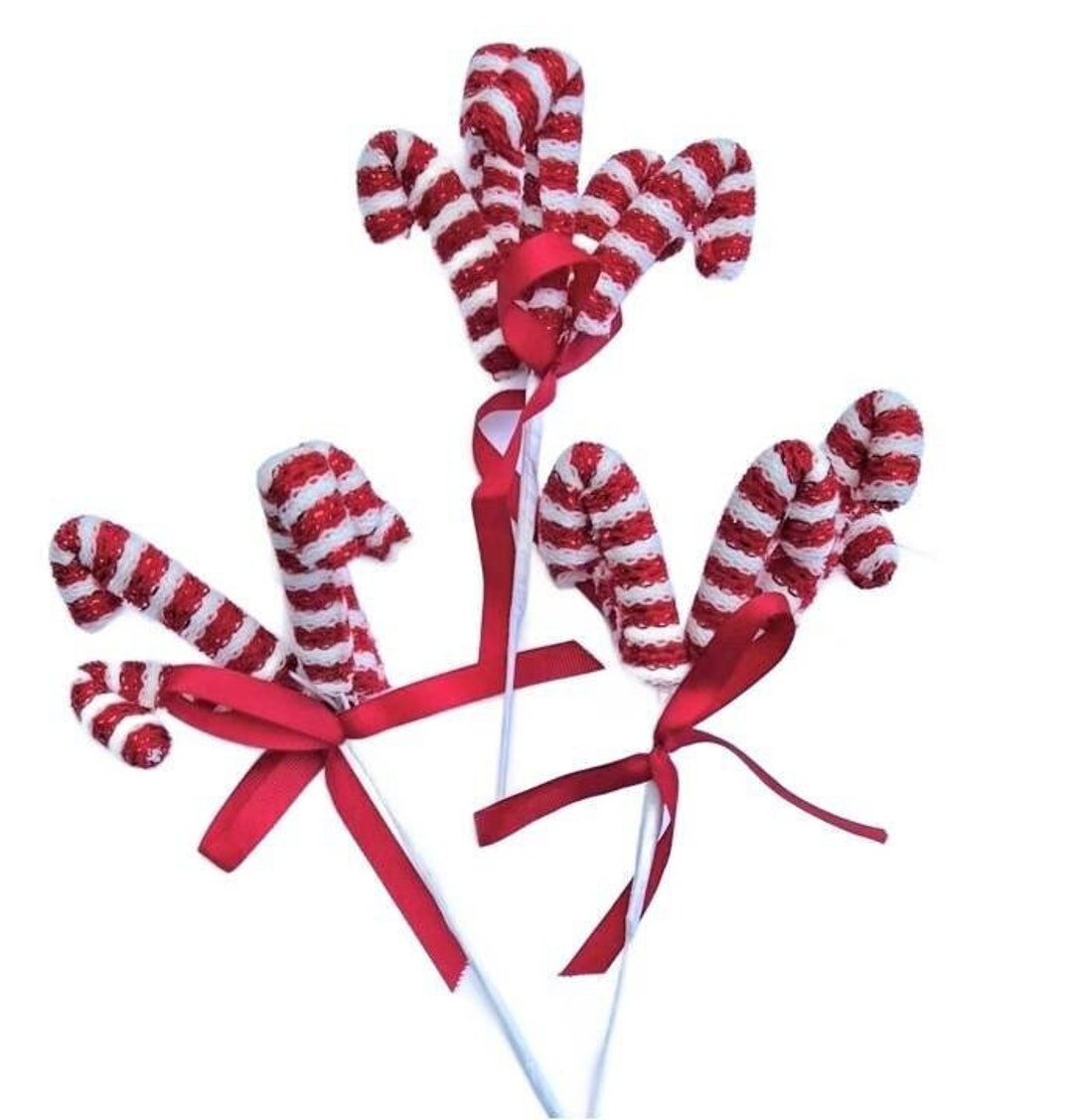 3 Knit Candy Cane Holiday Pick Christmas Decorating Pick or Fabric
