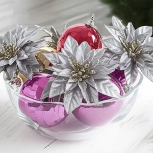 Silver Poinsettia Pick Christmas Floral Arrangements Christmas Pick Stems Wreath And Christmas Tree Decorations Home Decorations