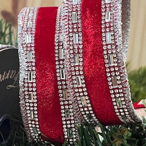 5 Meter, roter Samt mit Kristall Juwel Rand Zier verdrahtet Valentinstag Weihnachtsband, Designer Wired Band, farisilk