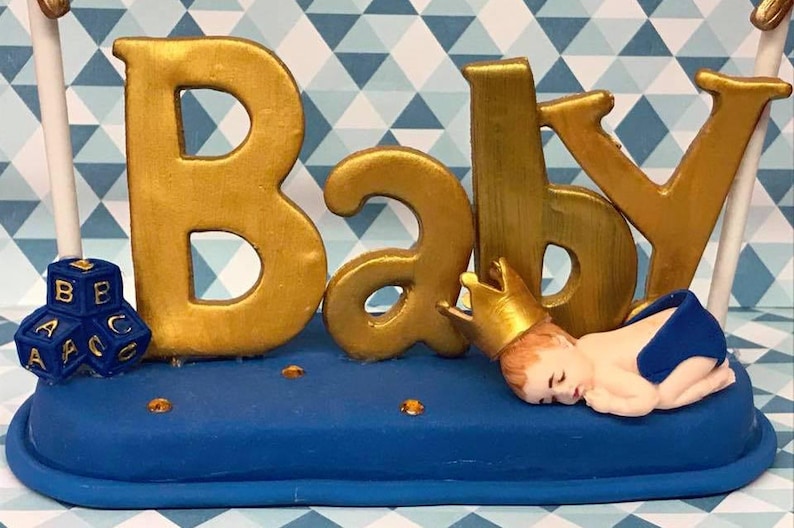 Blue and Gold Baby Shower Sleeping Prince Cake Topper Centerpiece Keepsake